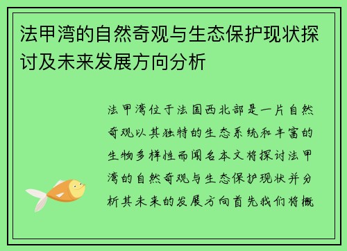 法甲湾的自然奇观与生态保护现状探讨及未来发展方向分析